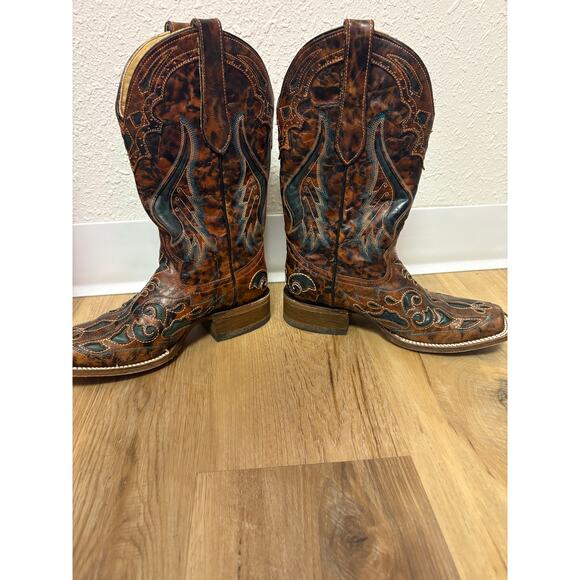 CORRAL WOMEN'S SQUARE TOE INLAY WESTERN BOOTS Brown Green Size 6.5 - Picture 7 of 10